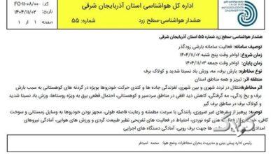 هشدار سطح زرد هواشناسی برای آذربایجانشرقی