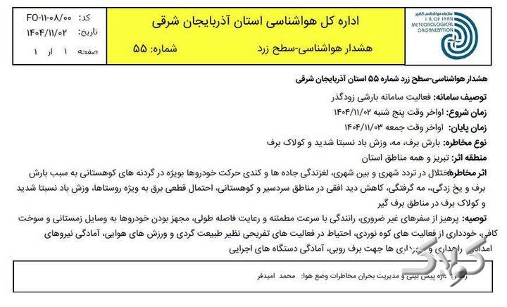 هشدار سطح زرد هواشناسی برای آذربایجانشرقی