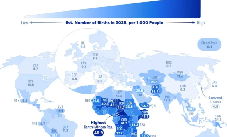 نرخ تولد به ازای هر نفر در کشورهای مختلف جهان