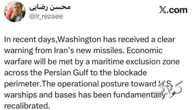 دبیر شورای عالی امنیت ملی: در روزهای اخیر، واشنگتن از موشکهای جدید ایران هشدار واضحی دریافت کرده است.